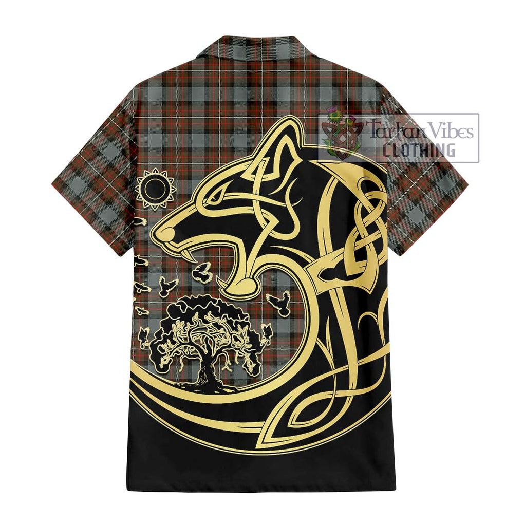 Ferguson Weathered Tartan Short Sleeve Button Shirt with Family Crest Celtic Wolf Style - Tartan Vibes Clothing