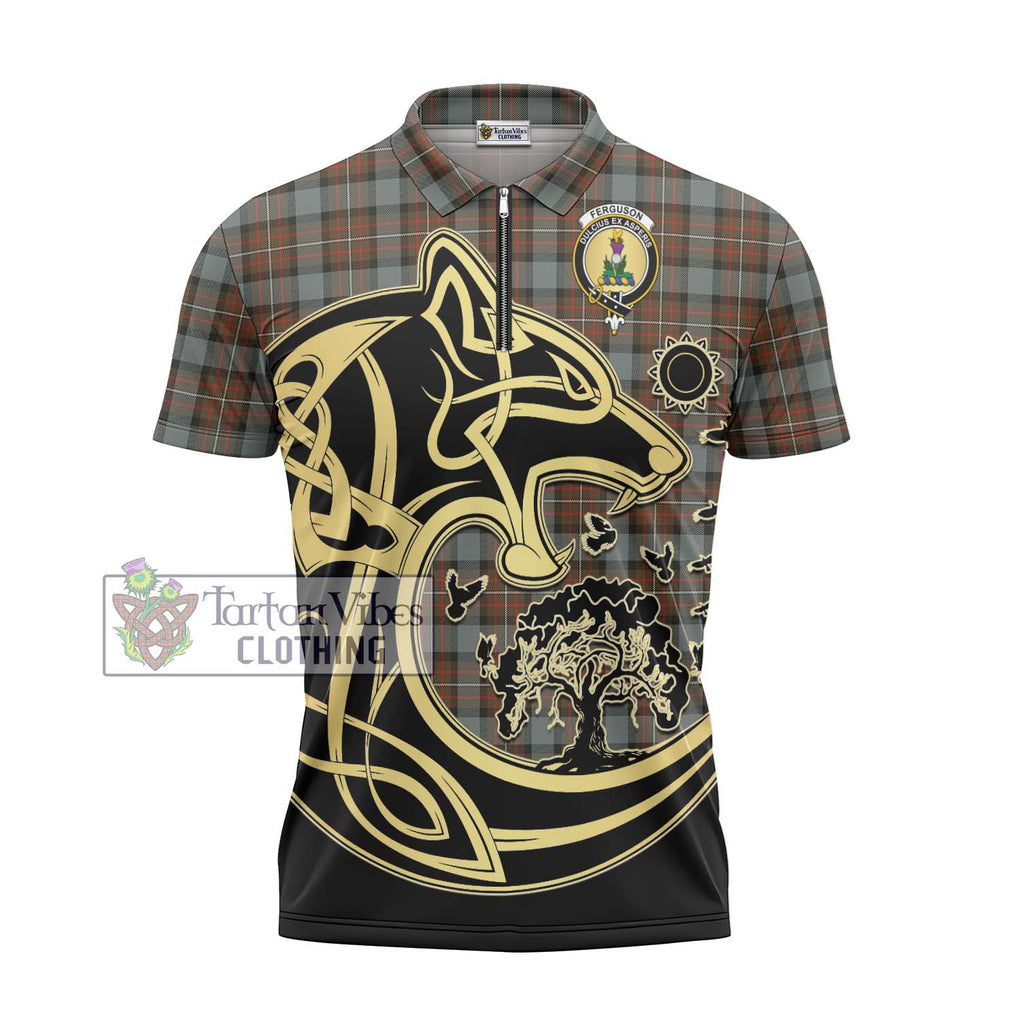 Ferguson Weathered Tartan Zipper Polo Shirt with Family Crest Celtic Wolf Style - Tartanvibesclothing Shop