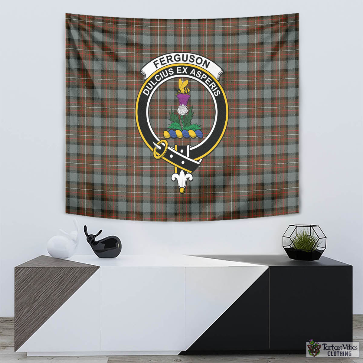 Tartan Vibes Clothing Ferguson Weathered Tartan Tapestry Wall Hanging and Home Decor for Room with Family Crest