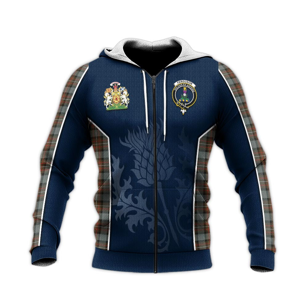 Tartan Vibes Clothing Ferguson Weathered Tartan Knitted Hoodie with Family Crest and Scottish Thistle Vibes Sport Style