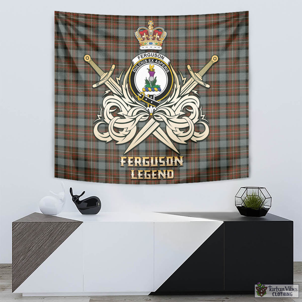 Tartan Vibes Clothing Ferguson Weathered Tartan Tapestry with Clan Crest and the Golden Sword of Courageous Legacy