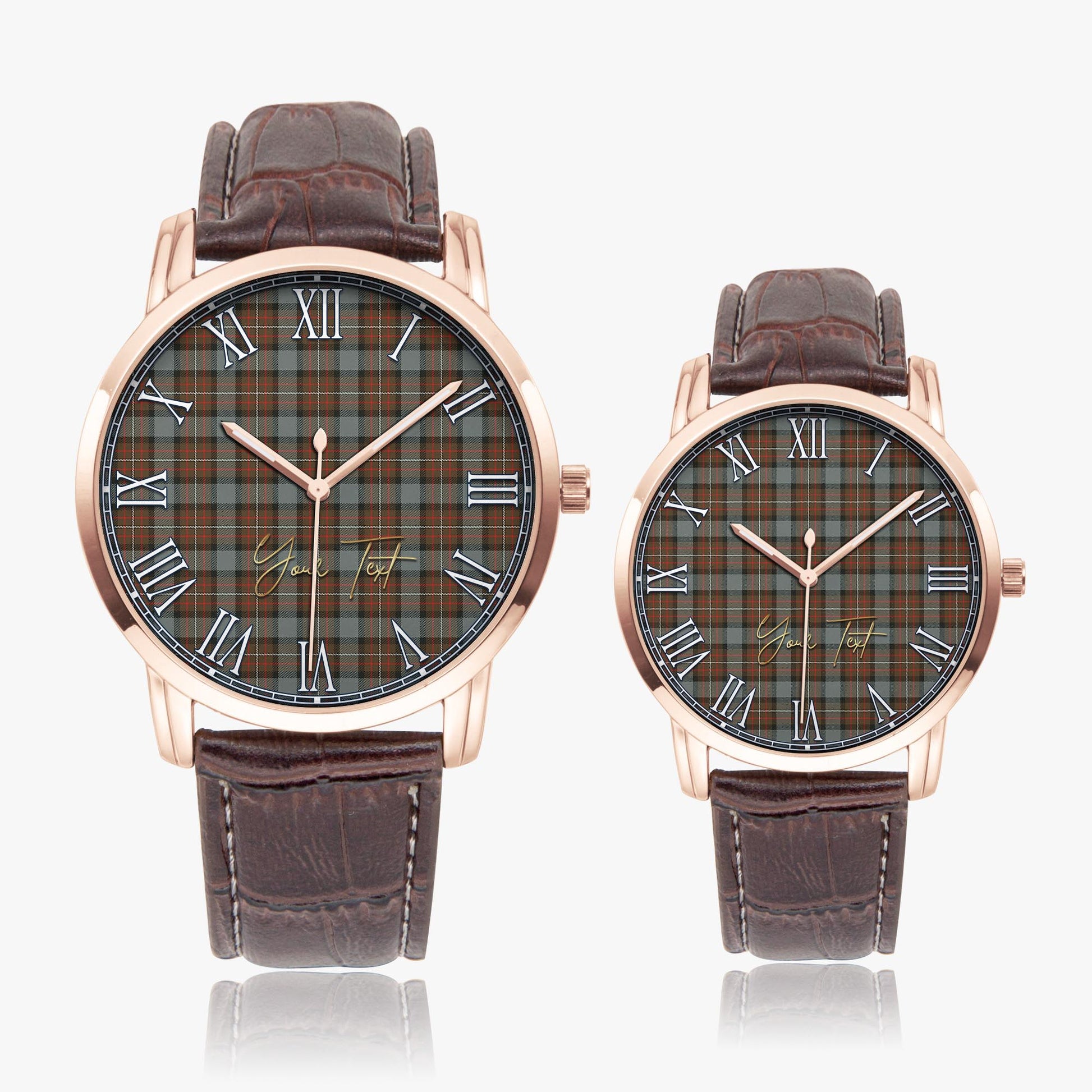 Ferguson Weathered Tartan Personalized Your Text Leather Trap Quartz Watch Wide Type Rose Gold Case With Brown Leather Strap - Tartanvibesclothing