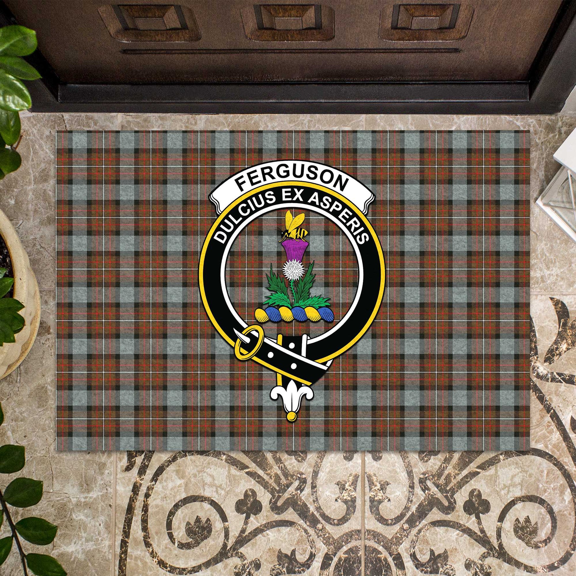 Ferguson Weathered Tartan Door Mat with Family Crest - Tartanvibesclothing