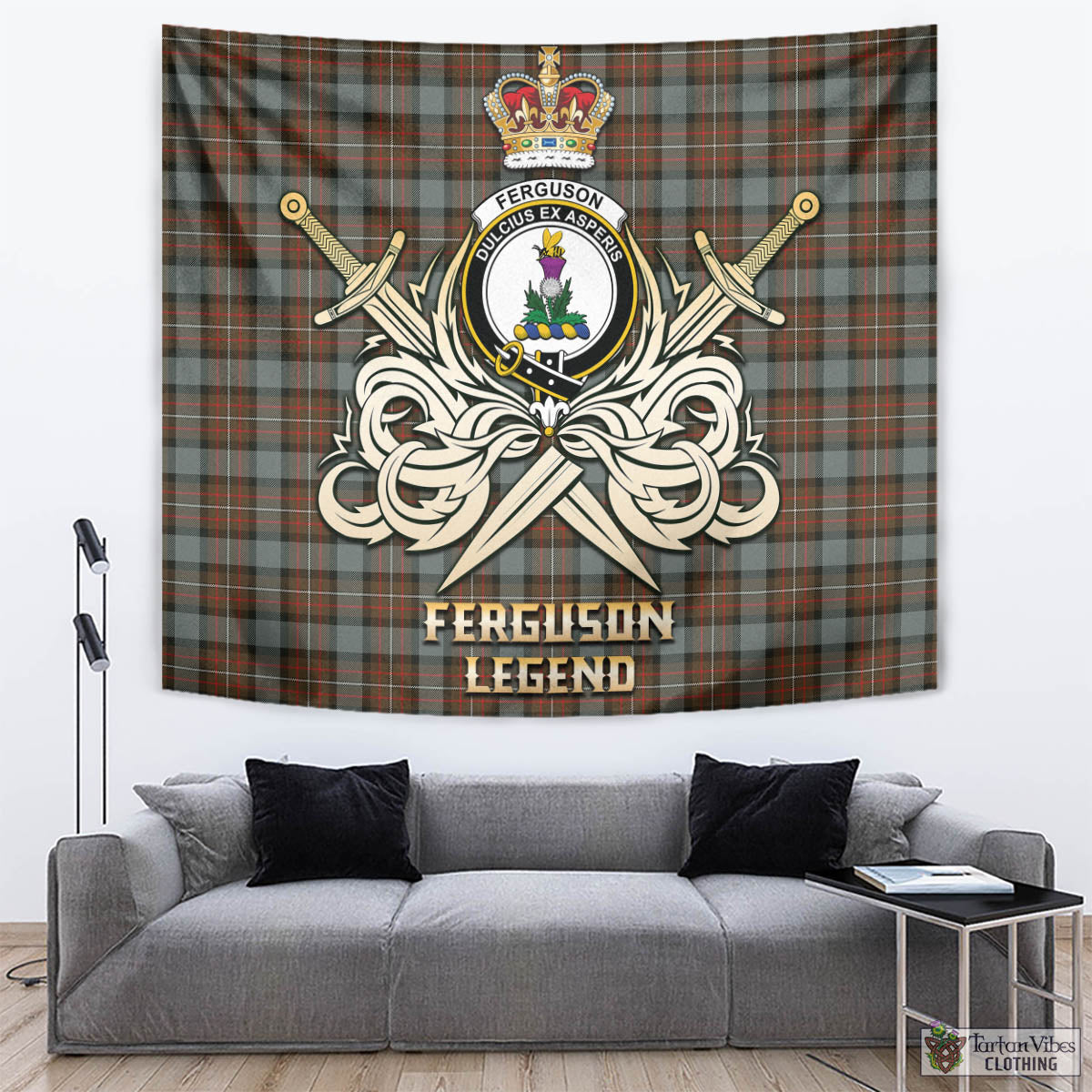 Tartan Vibes Clothing Ferguson Weathered Tartan Tapestry with Clan Crest and the Golden Sword of Courageous Legacy