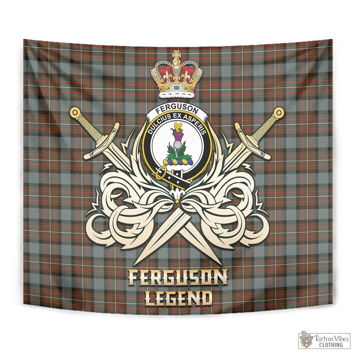 Tartan Vibes Clothing Ferguson Weathered Tartan Tapestry with Clan Crest and the Golden Sword of Courageous Legacy