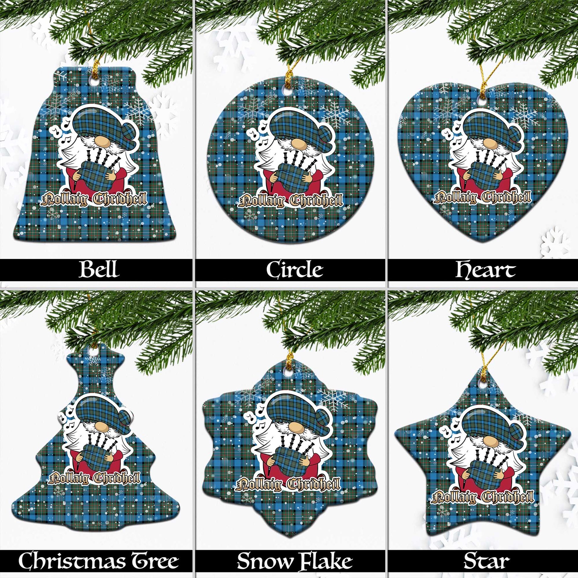 Fergusson Ancient Tartan Christmas Ornaments with Scottish Gnome Playing Bagpipes Ceramic - Tartanvibesclothing