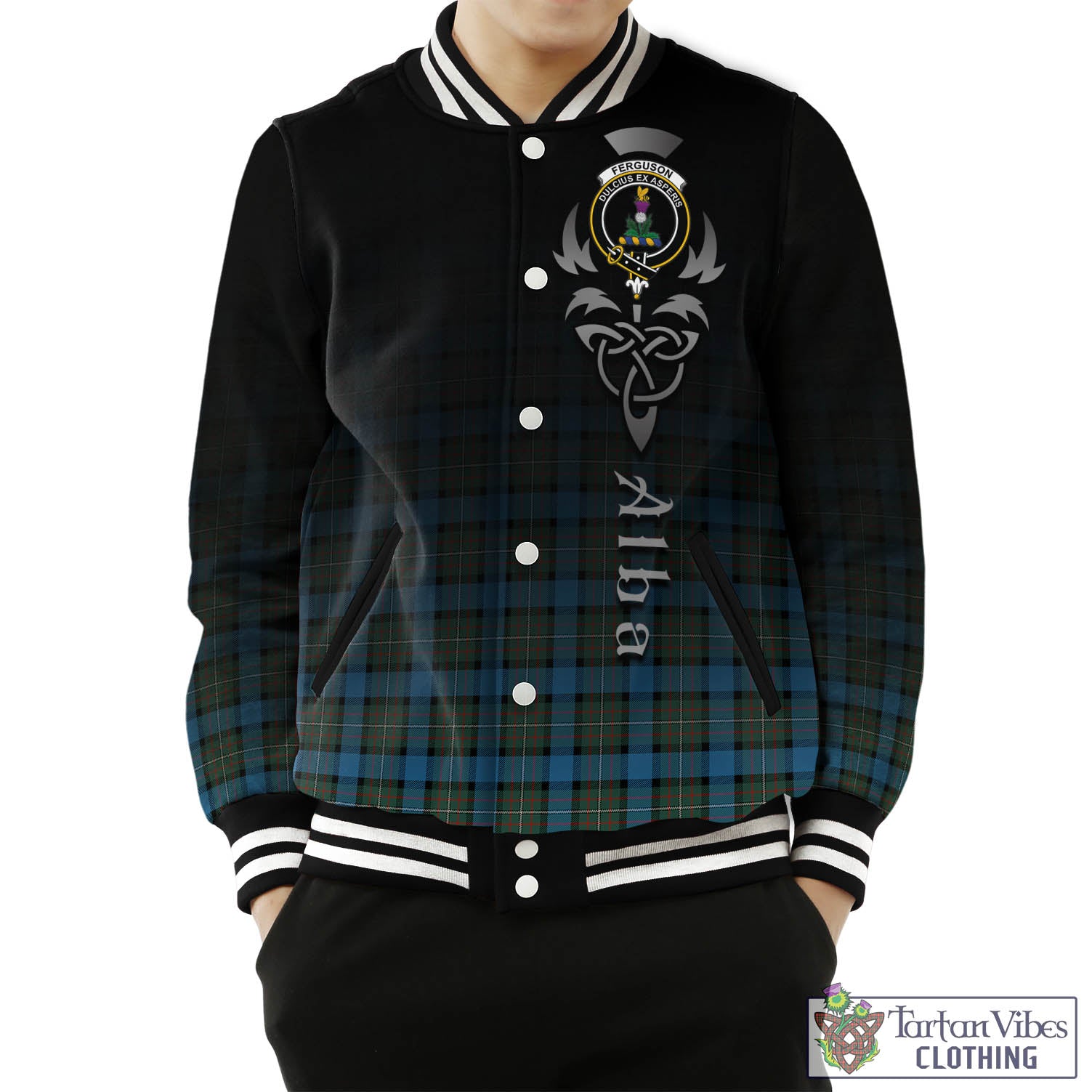 Tartan Vibes Clothing Fergusson Ancient Tartan Baseball Jacket Featuring Alba Gu Brath Family Crest Celtic Inspired