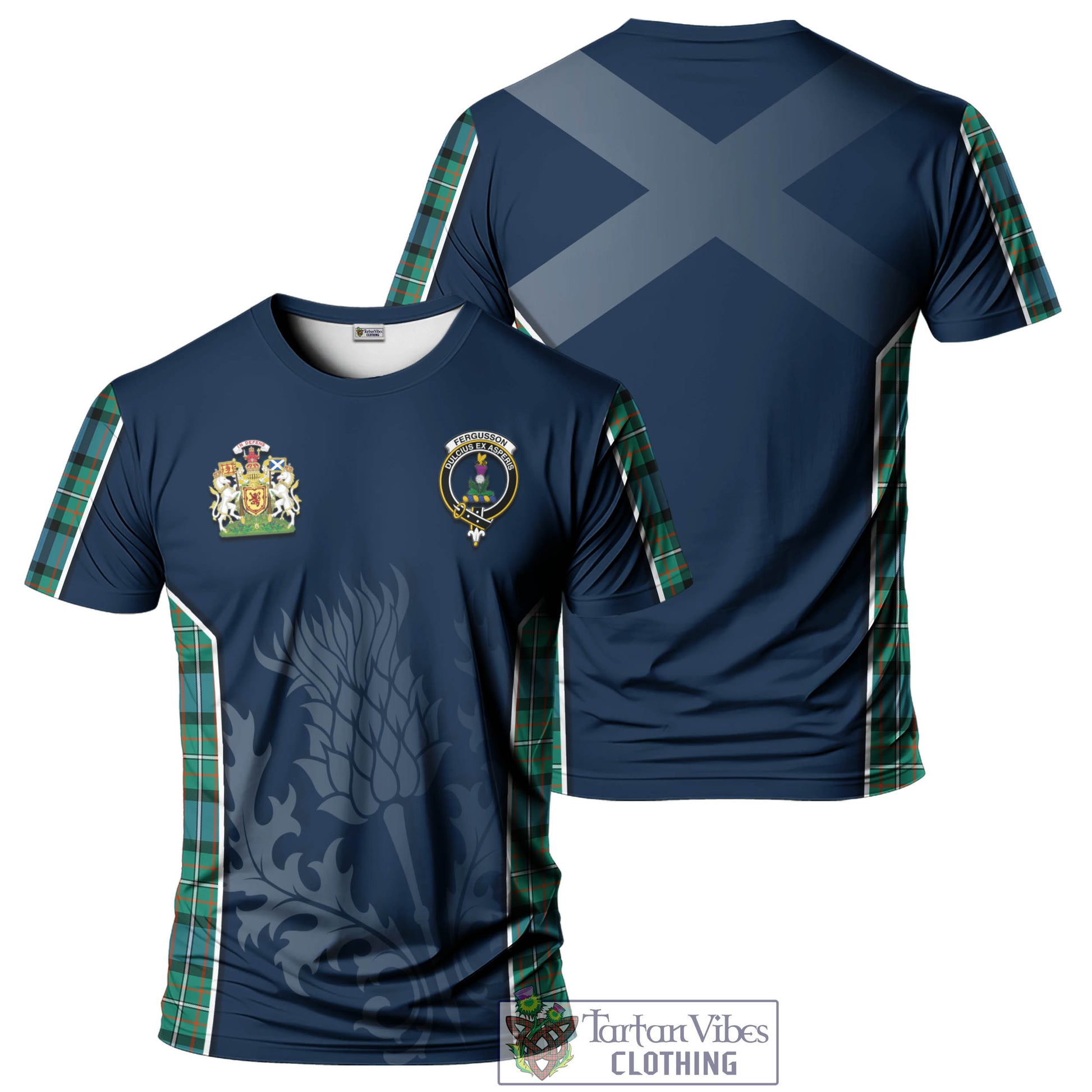 Tartan Vibes Clothing Fergusson Ancient #2 Tartan T-Shirt with Family Crest and Scottish Thistle Vibes Sport Style