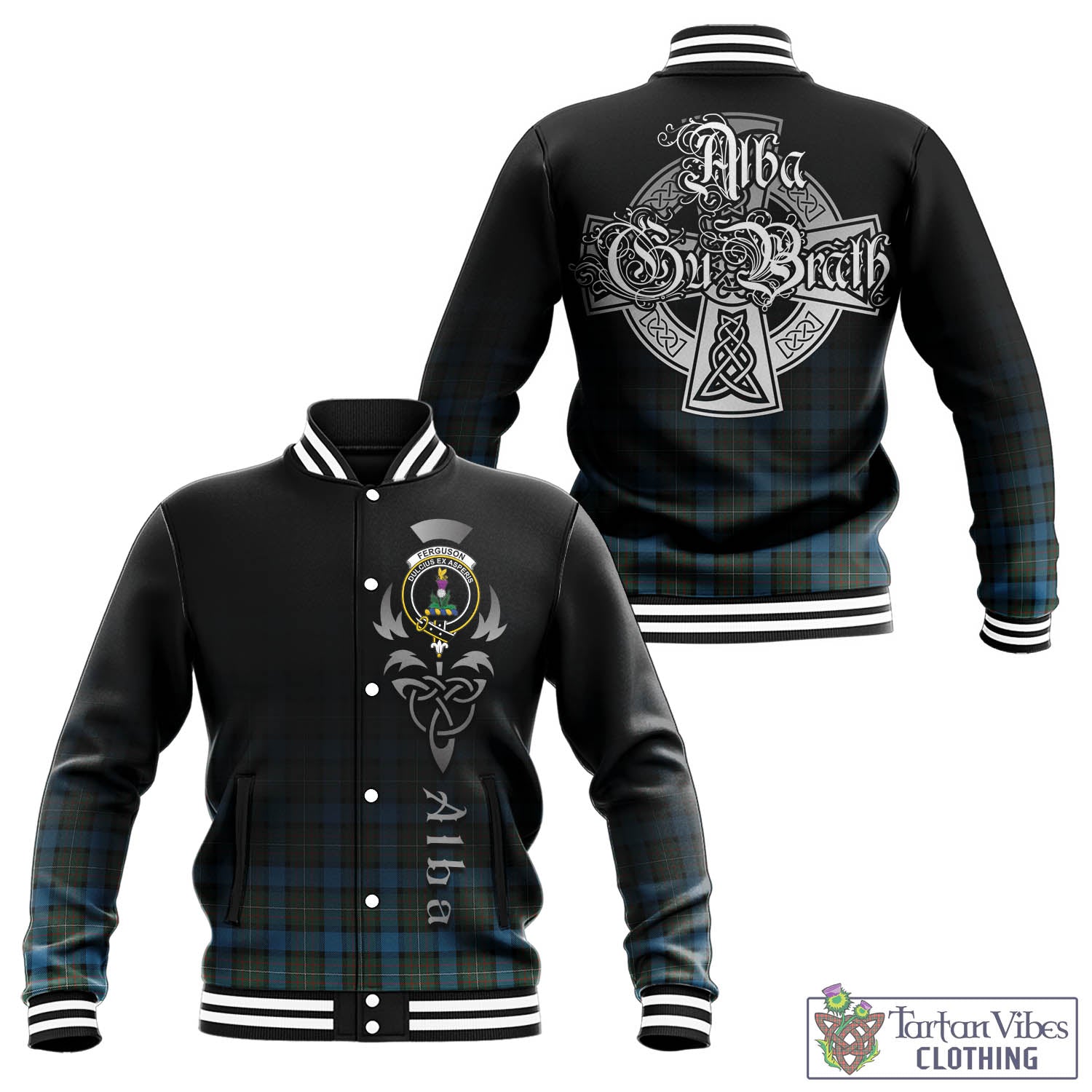 Tartan Vibes Clothing Fergusson Ancient Tartan Baseball Jacket Featuring Alba Gu Brath Family Crest Celtic Inspired