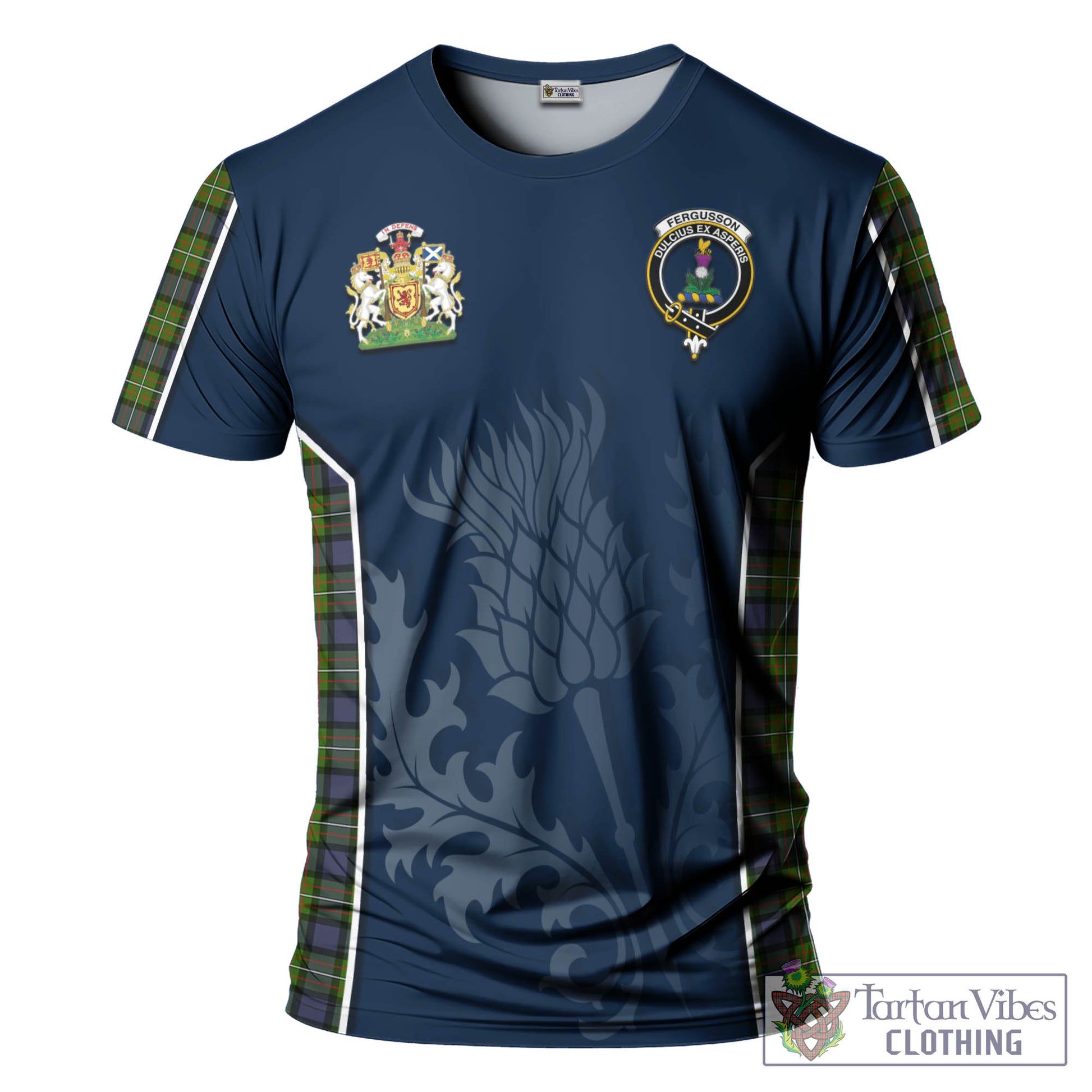 Tartan Vibes Clothing Fergusson Modern Tartan T-Shirt with Family Crest and Scottish Thistle Vibes Sport Style