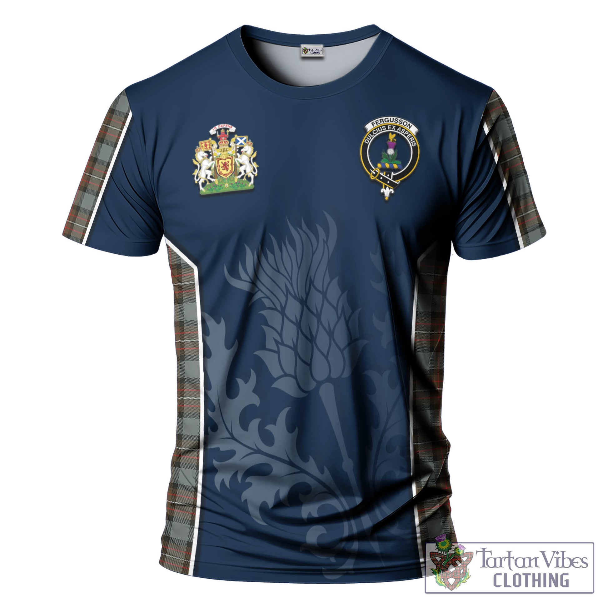 Tartan Vibes Clothing Fergusson Weathered Tartan T-Shirt with Family Crest and Scottish Thistle Vibes Sport Style