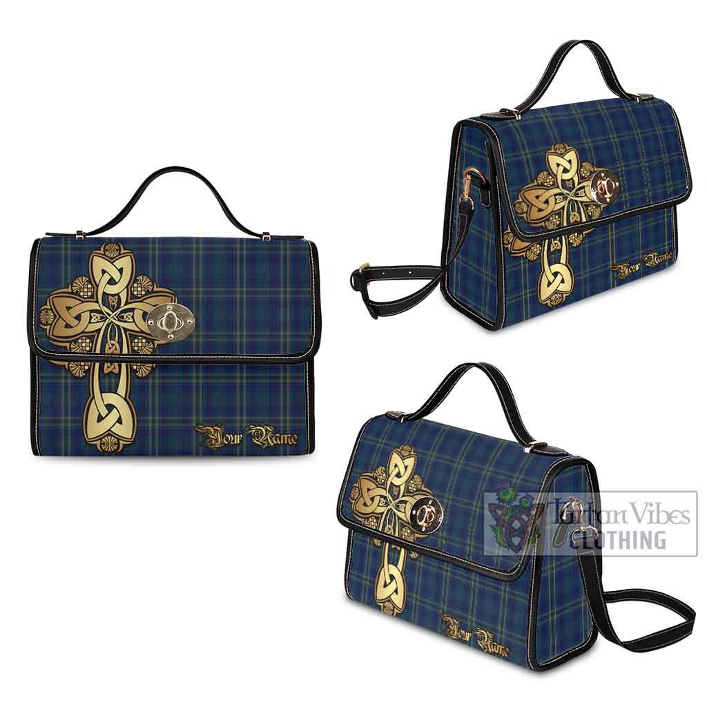 Fermanagh County Ireland Tartan Waterproof Canvas Bag Golden Thistle Celtic Cross Style - Tartan Vibes Clothing