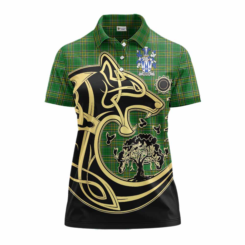 Ferris Irish Tartan Women's Polo Shirt with Coat of Arms Celtic Wolf Style Women - Tartan Vibes Clothing