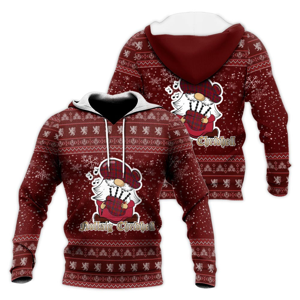 Fiddes Clan Christmas Knitted Hoodie with Funny Gnome Playing Bagpipes Red - Tartanvibesclothing