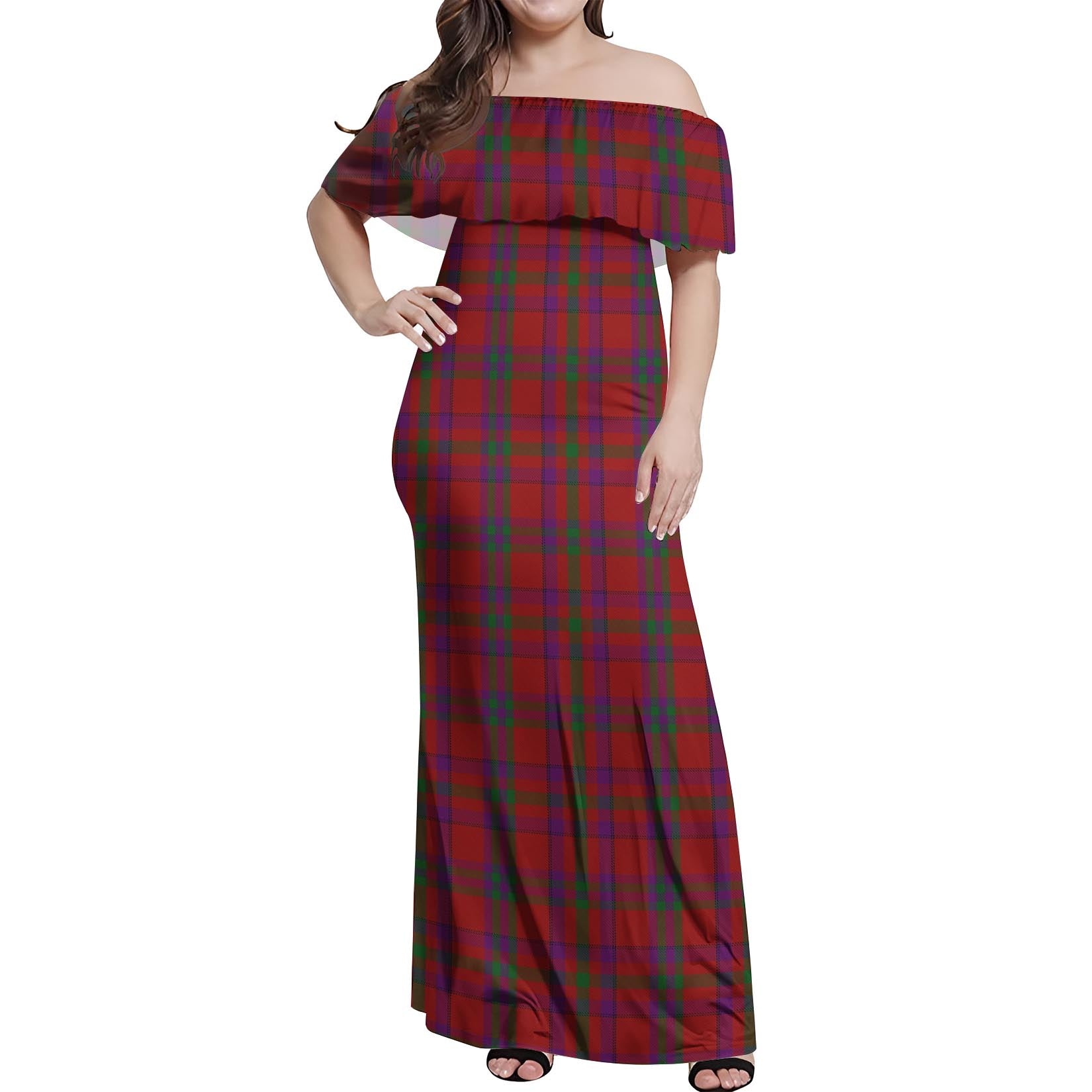 Fiddes Tartan Off Shoulder Long Dress Women's Dress - Tartanvibesclothing