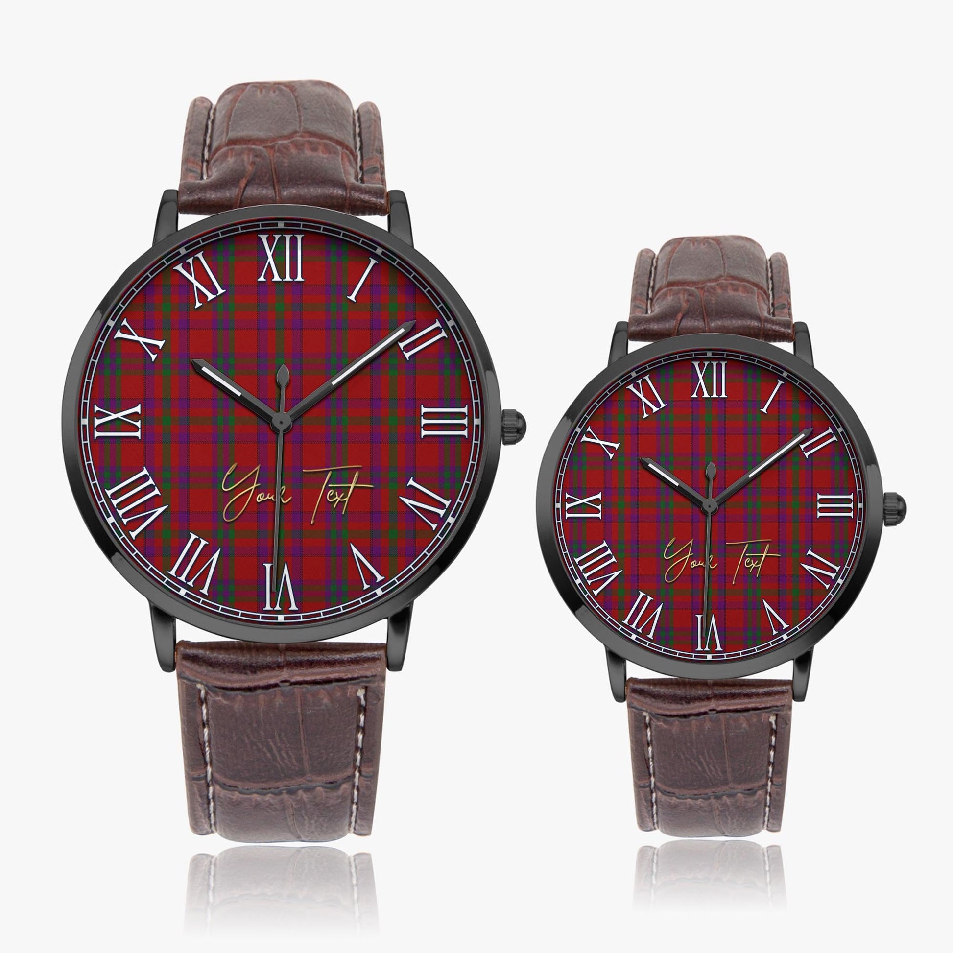 Fiddes Tartan Personalized Your Text Leather Trap Quartz Watch Ultra Thin Black Case With Brown Leather Strap - Tartanvibesclothing