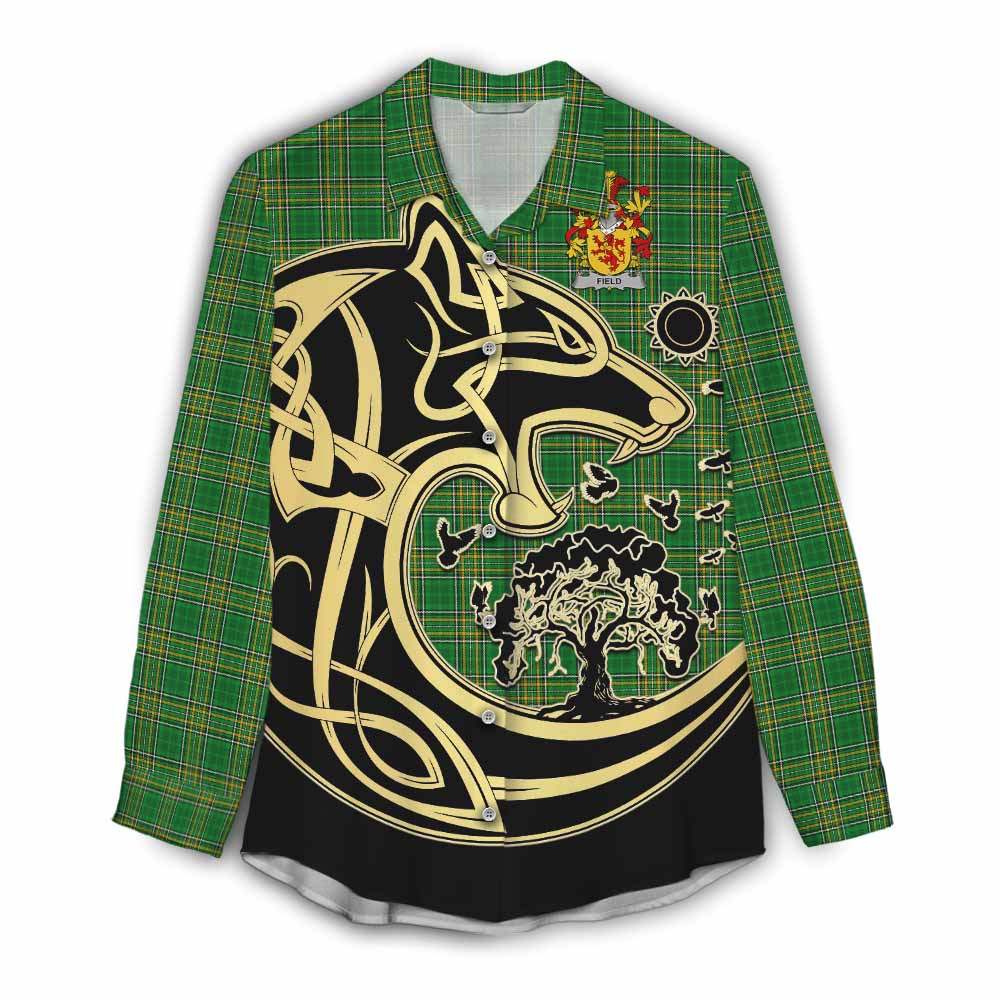 Tartan Vibes Clothing Field Irish Tartan Women's Casual Shirt with Coat of Arms Celtic Wolf Style