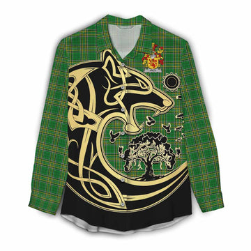 Field Irish Tartan Women's Casual Shirt with Coat of Arms Celtic Wolf Style