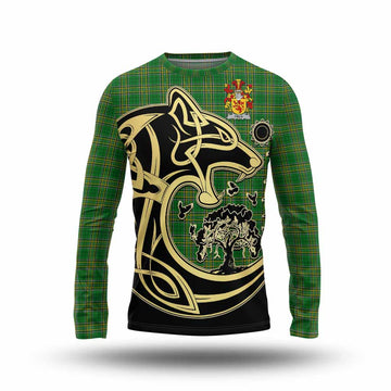 Field Irish Tartan Long Sleeve T-Shirt with Coat of Arms Celtic Wolf Style