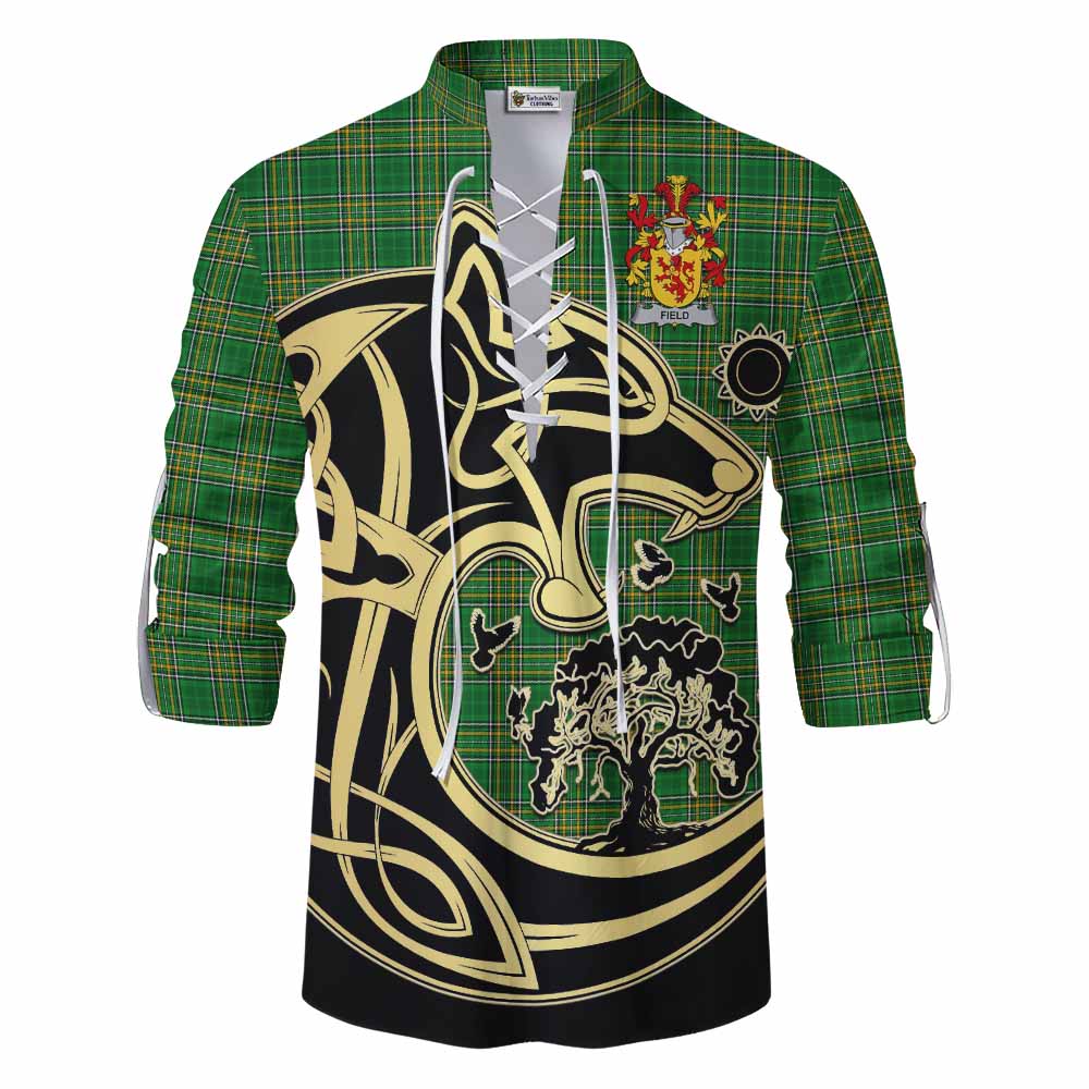 Tartan Vibes Clothing Field Irish Tartan Ghillie Kilt Shirt with Coat of Arms Celtic Wolf Style