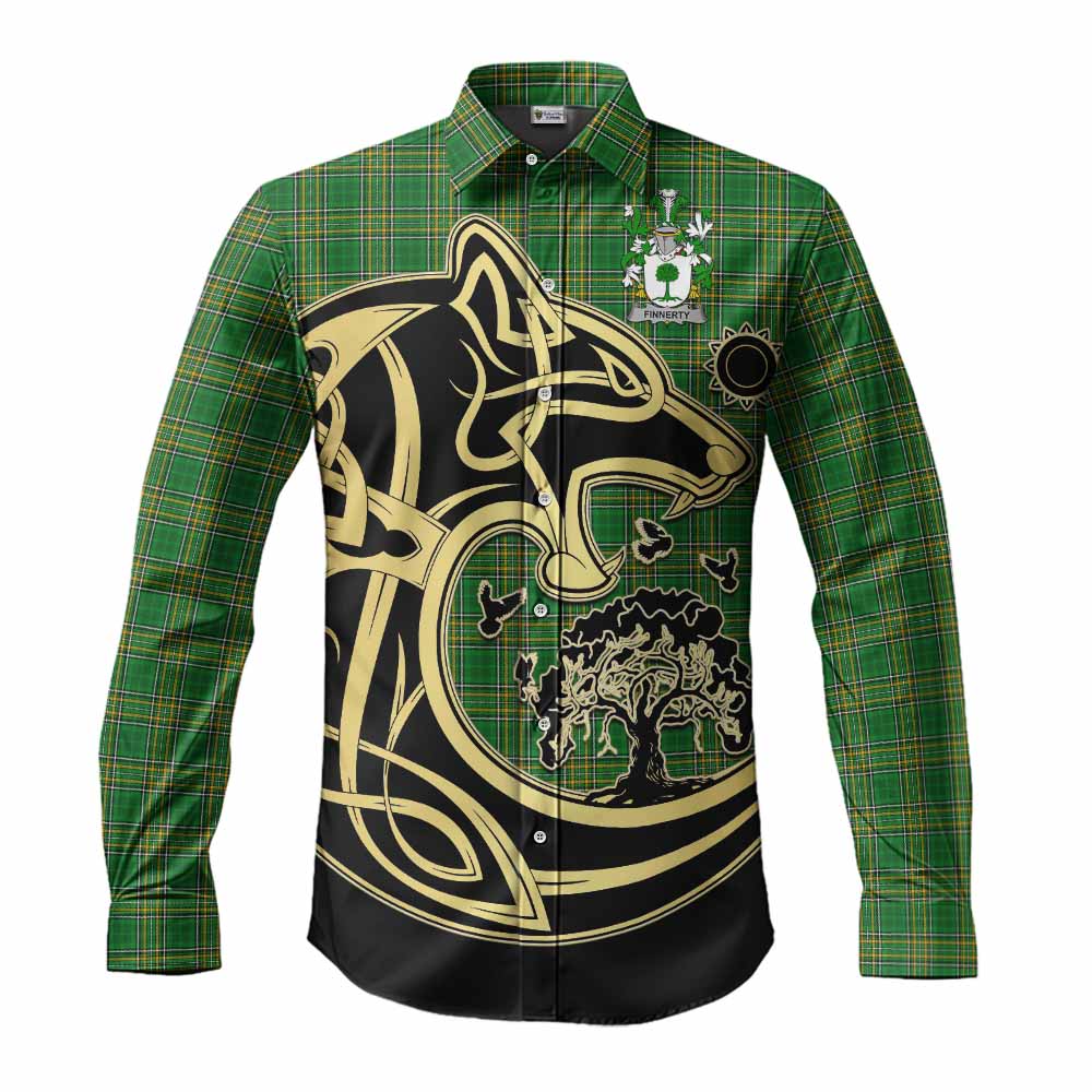 Finnerty Irish Tartan Long Sleeve Button Shirt with Coat of Arms Celtic Wolf Style Men's Shirt S - Tartan Vibes Clothing