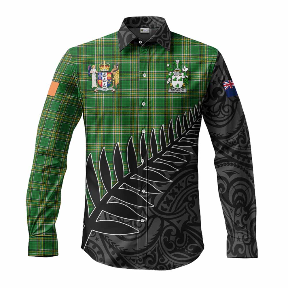 Tartan Vibes Clothing Fitz-Allen Irish Clan Tartan Long Sleeve Button Shirt with Coat of Arms New Zealand Silver Fern Half Style