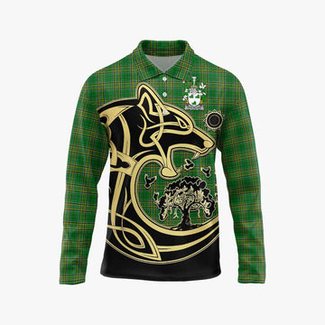 Fitz-Allen Irish Tartan Long Sleeve Polo Shirt with Coat of Arms Celtic Wolf Style