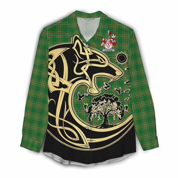 Fitz-Roe Irish Tartan Women's Casual Shirt with Coat of Arms Celtic Wolf Style Female - Tartan Vibes Clothing
