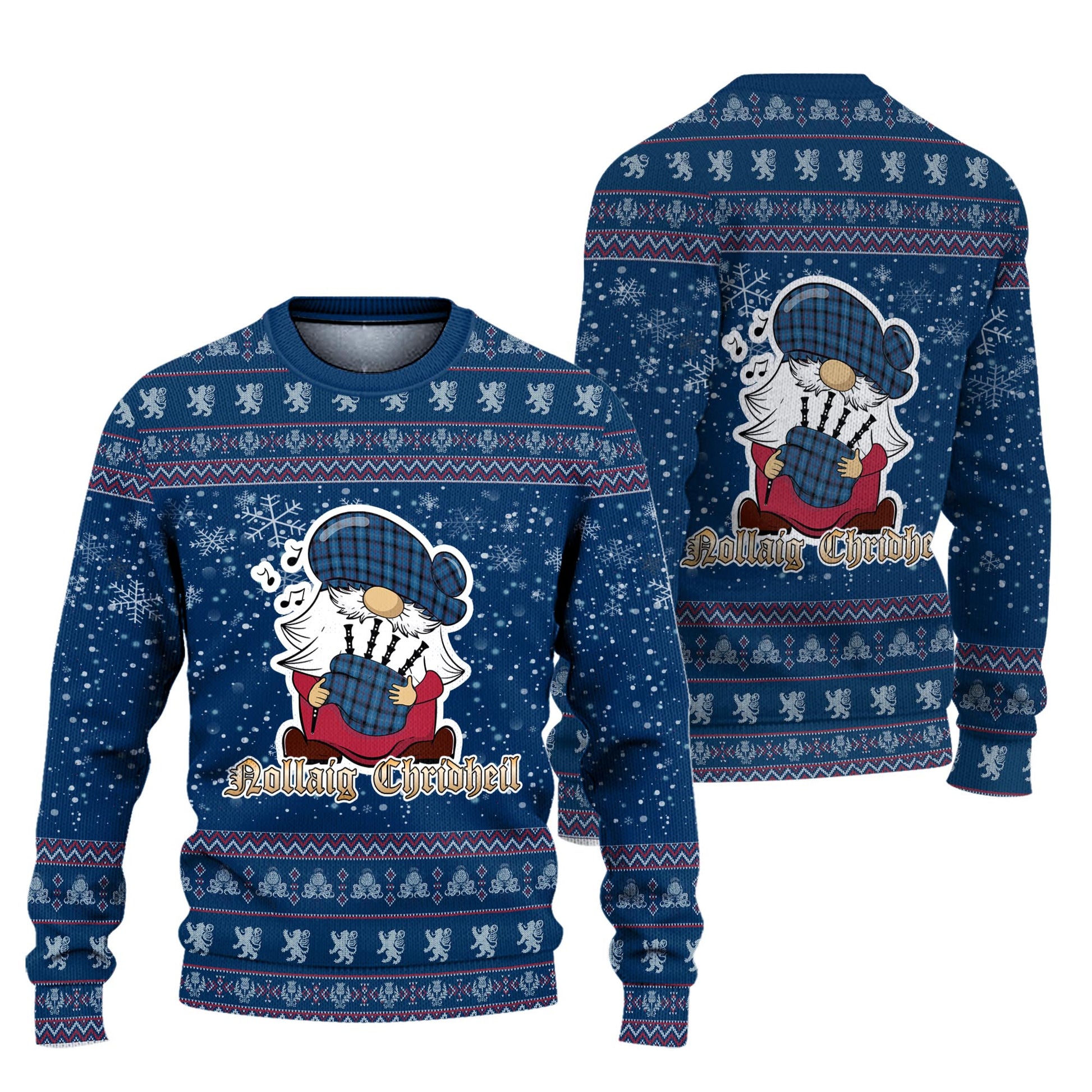 Fitzgerald Family Clan Christmas Family Knitted Sweater with Funny Gnome Playing Bagpipes Unisex Blue - Tartanvibesclothing