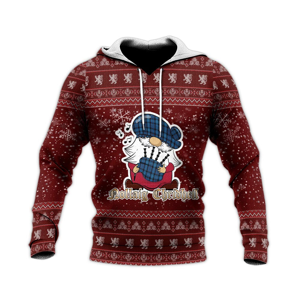 Fitzgerald Family Clan Christmas Knitted Hoodie with Funny Gnome Playing Bagpipes - Tartanvibesclothing