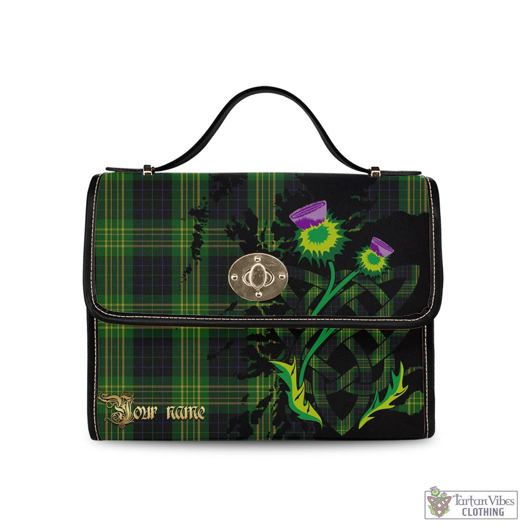 Tartan Vibes Clothing Fitzpatrick Hunting Tartan Waterproof Canvas Bag with Scotland Map and Thistle Celtic Accents