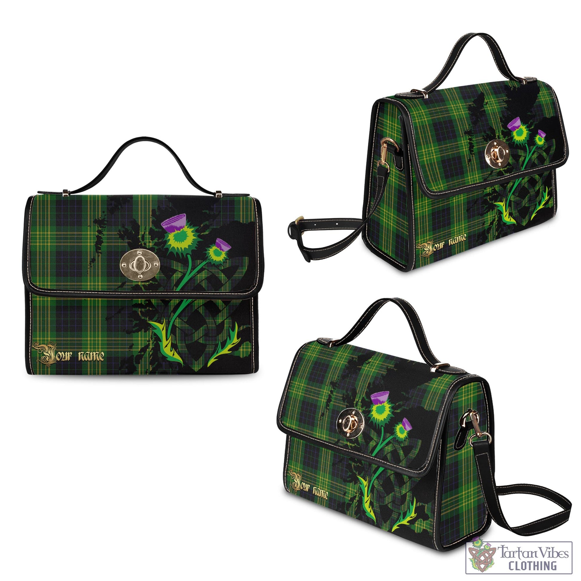 Tartan Vibes Clothing Fitzpatrick Hunting Tartan Waterproof Canvas Bag with Scotland Map and Thistle Celtic Accents