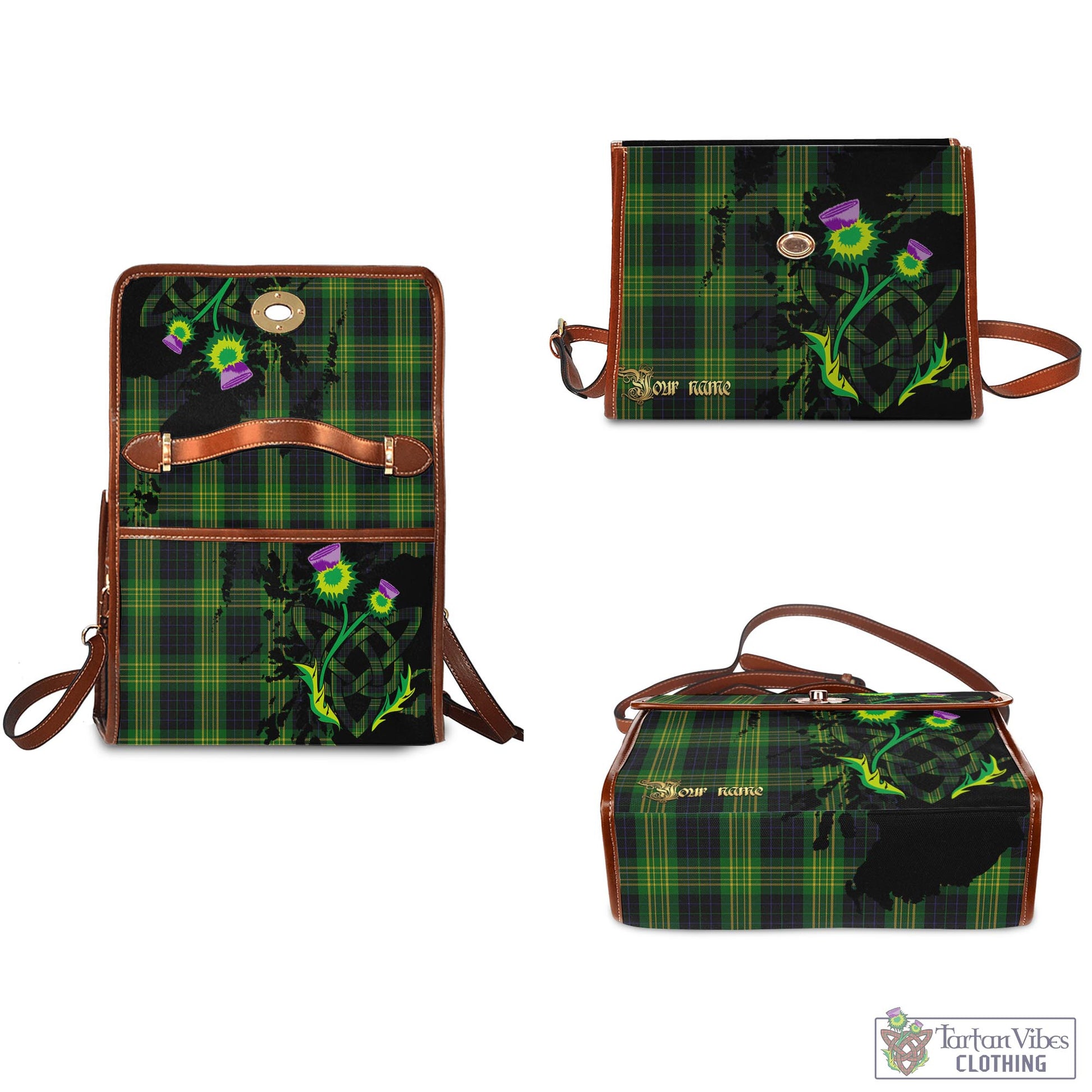 Tartan Vibes Clothing Fitzpatrick Hunting Tartan Waterproof Canvas Bag with Scotland Map and Thistle Celtic Accents