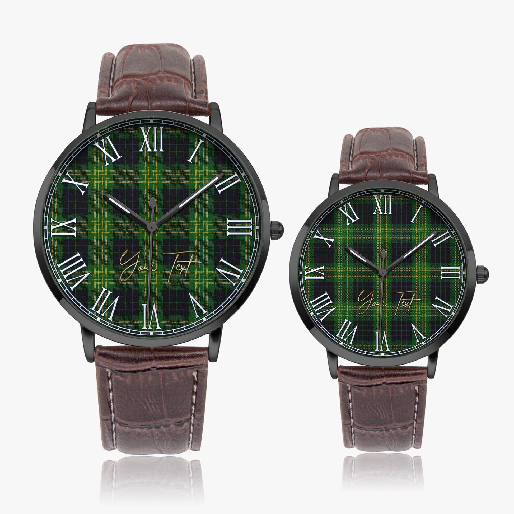 Fitzpatrick Hunting Tartan Personalized Your Text Leather Trap Quartz Watch Ultra Thin Black Case With Brown Leather Strap - Tartanvibesclothing