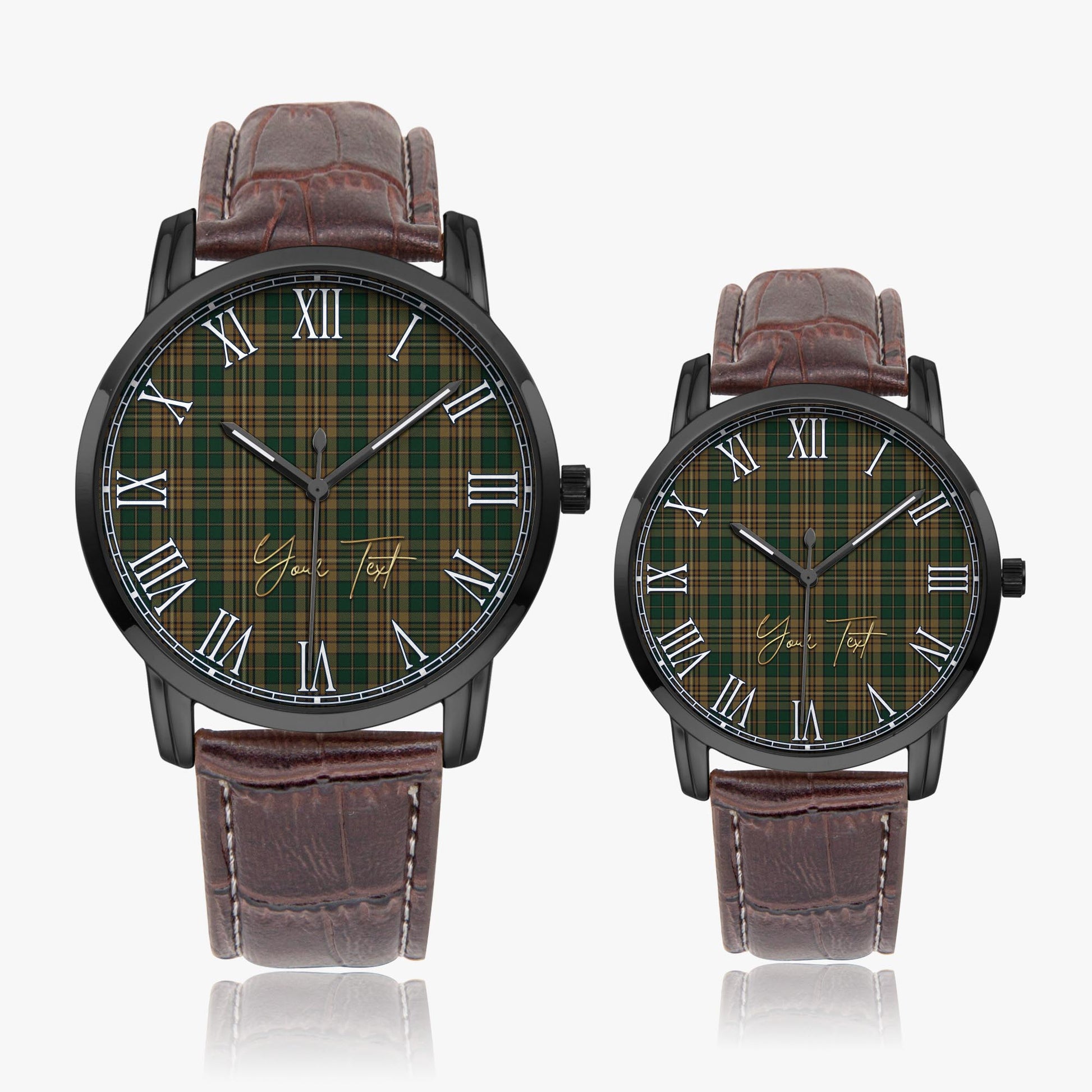 Fitzsimmons Tartan Personalized Your Text Leather Trap Quartz Watch Wide Type Black Case With Brown Leather Strap - Tartanvibesclothing