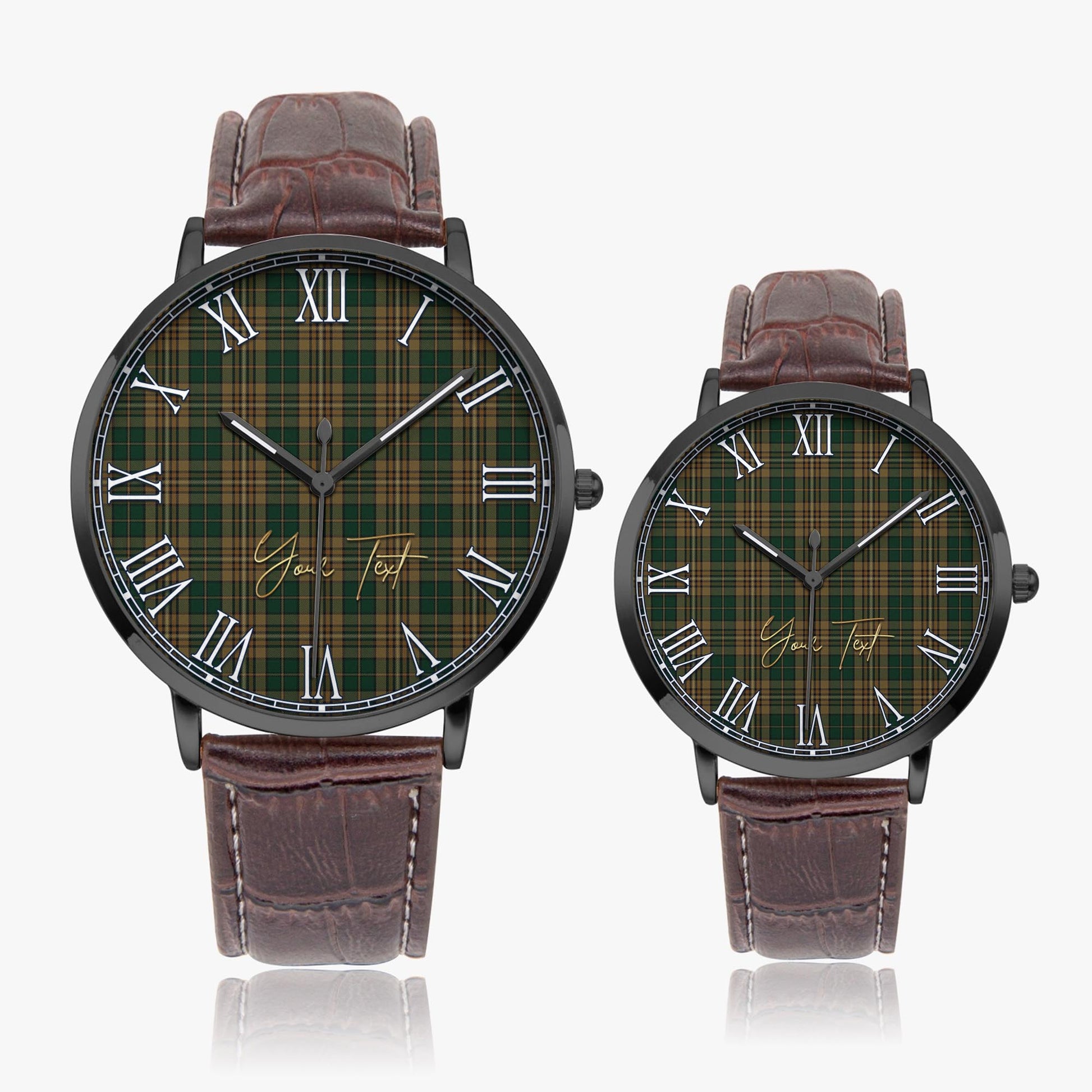 Fitzsimmons Tartan Personalized Your Text Leather Trap Quartz Watch Ultra Thin Black Case With Brown Leather Strap - Tartanvibesclothing