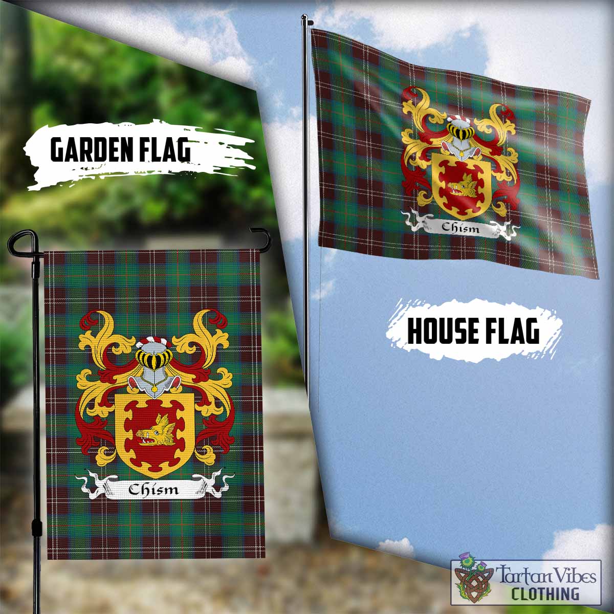 Chism Tartan Garden Flag with Coat of Arms Garden Flag - Tartan Vibes Clothing