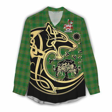 Flaherty Irish Tartan Women's Casual Shirt with Coat of Arms Celtic Wolf Style Female - Tartan Vibes Clothing