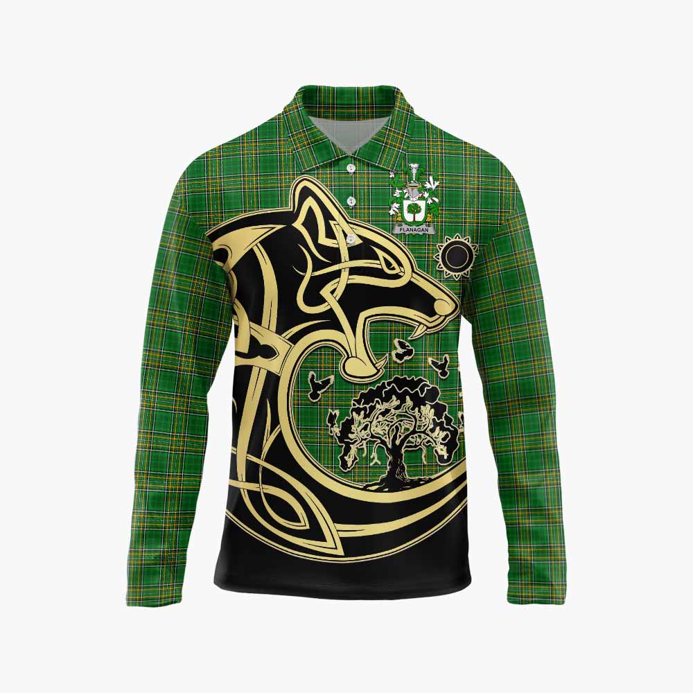 Flanagan Irish Tartan Long Sleeve Polo Shirt with Coat of Arms Celtic Wolf Style Unisex - Tartan Vibes Clothing