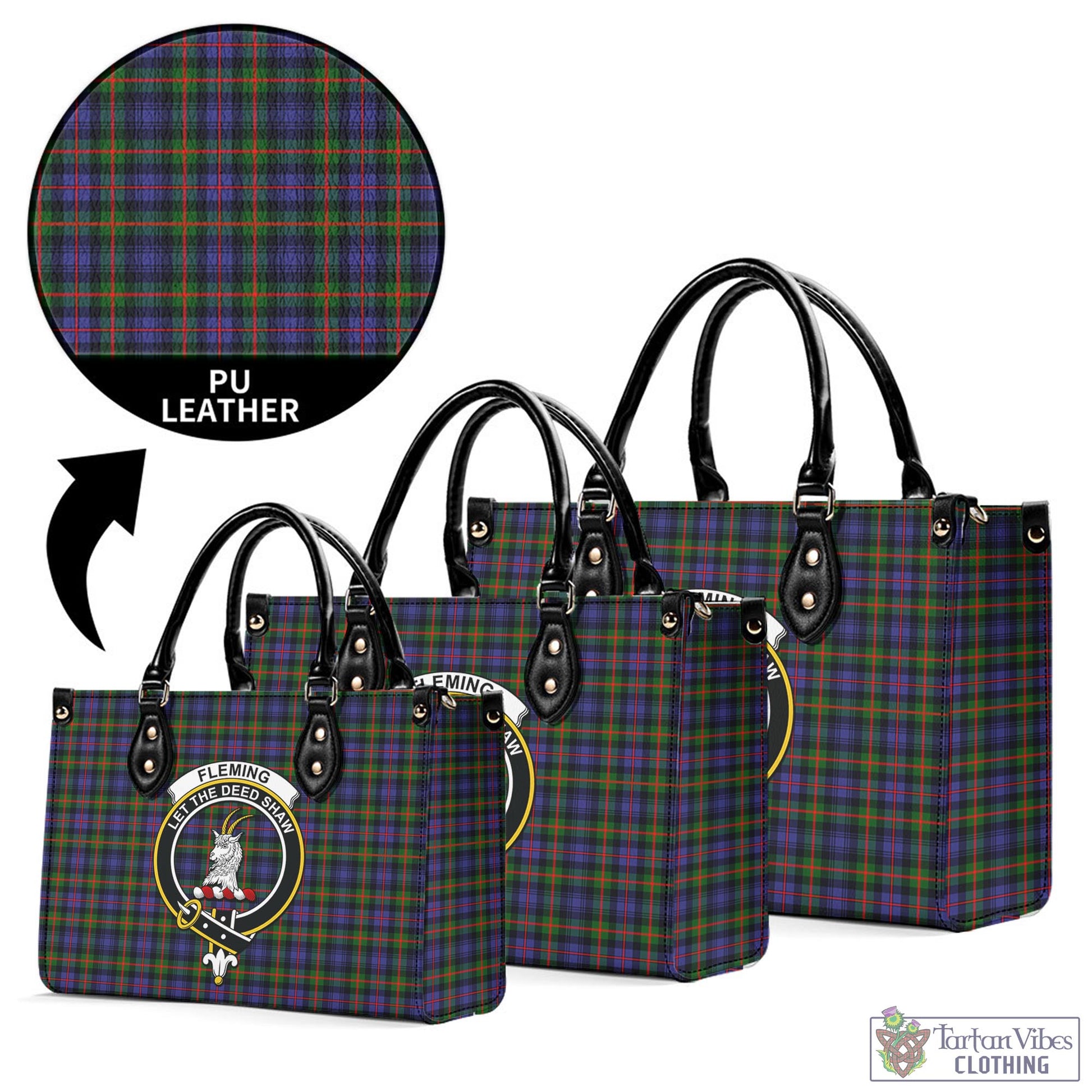 Tartan Vibes Clothing Fleming Tartan Luxury Leather Handbags with Family Crest