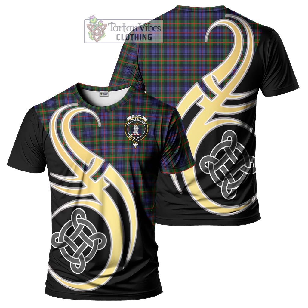 Tartan Vibes Clothing Fleming Tartan T-Shirt with Family Crest and Celtic Symbol Style