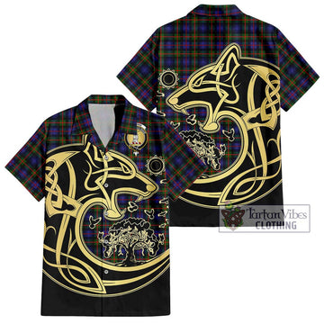 Fleming Tartan Short Sleeve Button Shirt with Family Crest Celtic Wolf Style