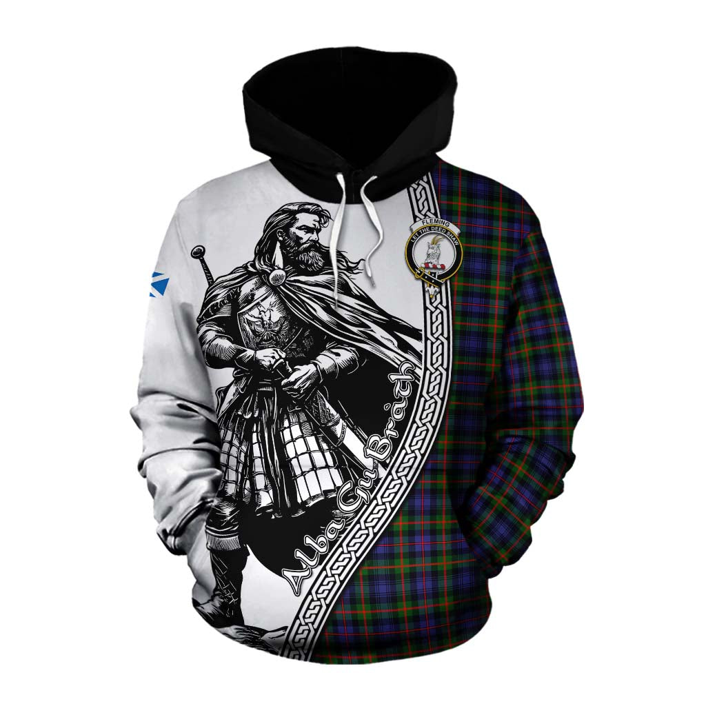 Tartan Vibes Clothing Fleming Tartan Clan Crest Cotton Hoodie with Highlander Warrior Celtic Style