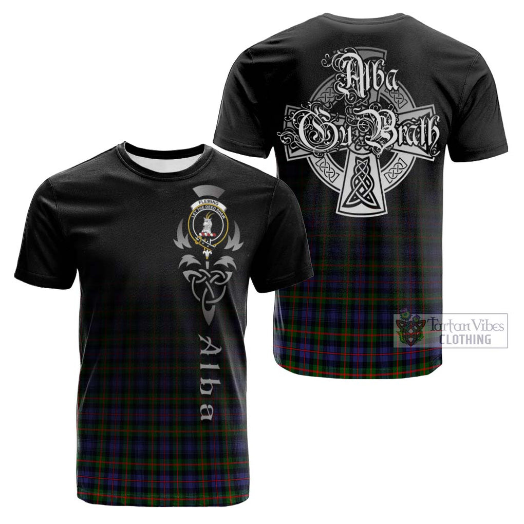 Tartan Vibes Clothing Fleming Tartan Cotton T-shirt Featuring Alba Gu Brath Family Crest Celtic Inspired