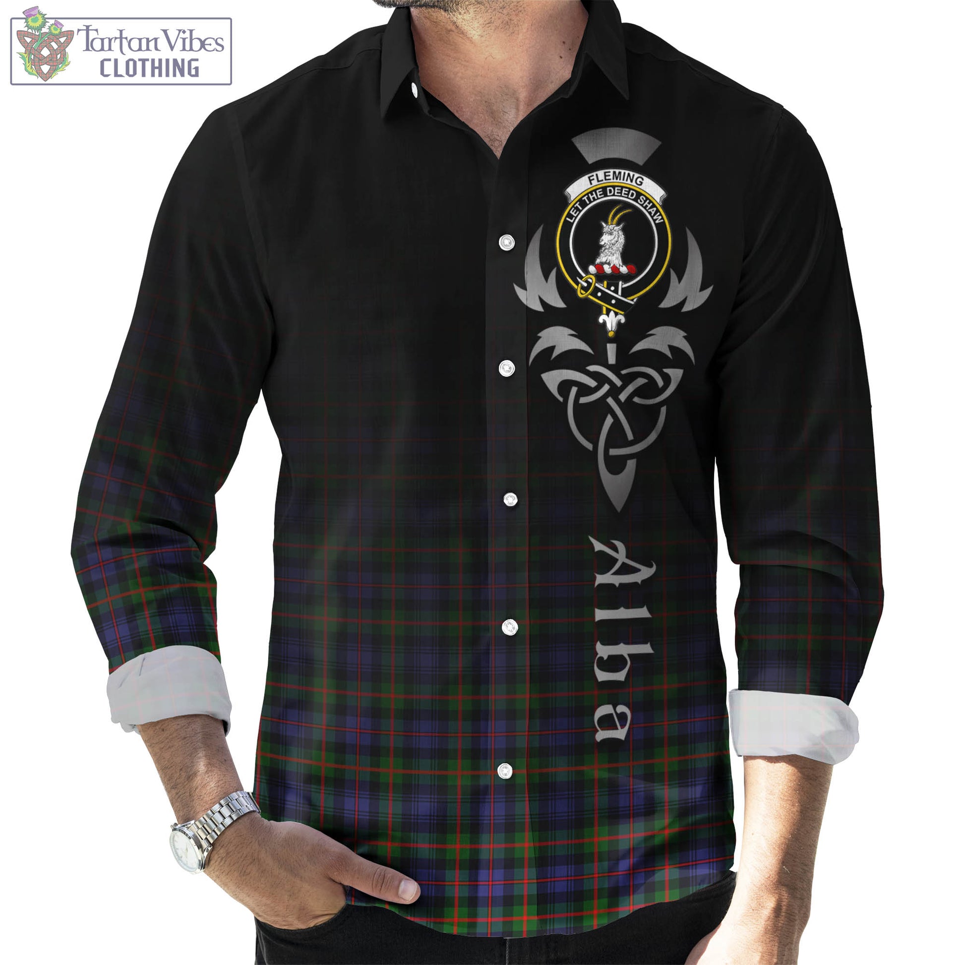 Tartan Vibes Clothing Fleming Tartan Long Sleeve Button Up Featuring Alba Gu Brath Family Crest Celtic Inspired