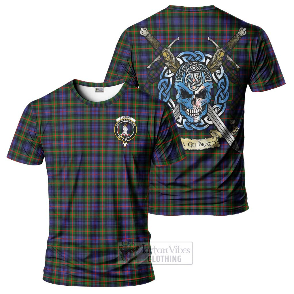 Tartan Vibes Clothing Fleming Tartan T-Shirt with Family Crest Celtic Skull Style