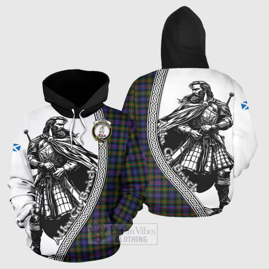 Tartan Vibes Clothing Fleming Tartan Clan Crest Hoodie with Highlander Warrior Celtic Style