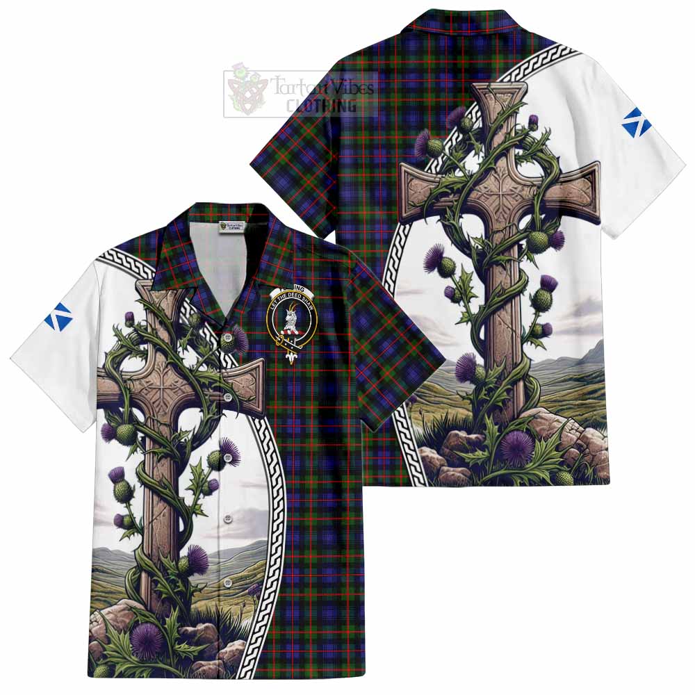 Tartan Vibes Clothing Fleming Tartan Short Sleeve Button Shirt with Family Crest and St. Andrew's Cross Accented by Thistle Vines