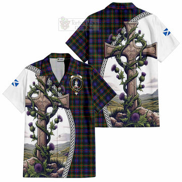 Fleming Tartan Short Sleeve Button Shirt with Family Crest and St. Andrew's Cross Accented by Thistle Vines