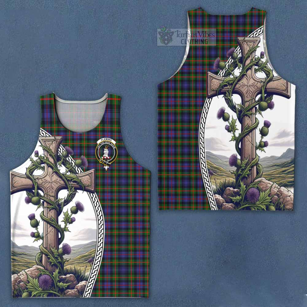 Tartan Vibes Clothing Fleming Tartan Men's Tank Top with Family Crest and St. Andrew's Cross Accented by Thistle Vines